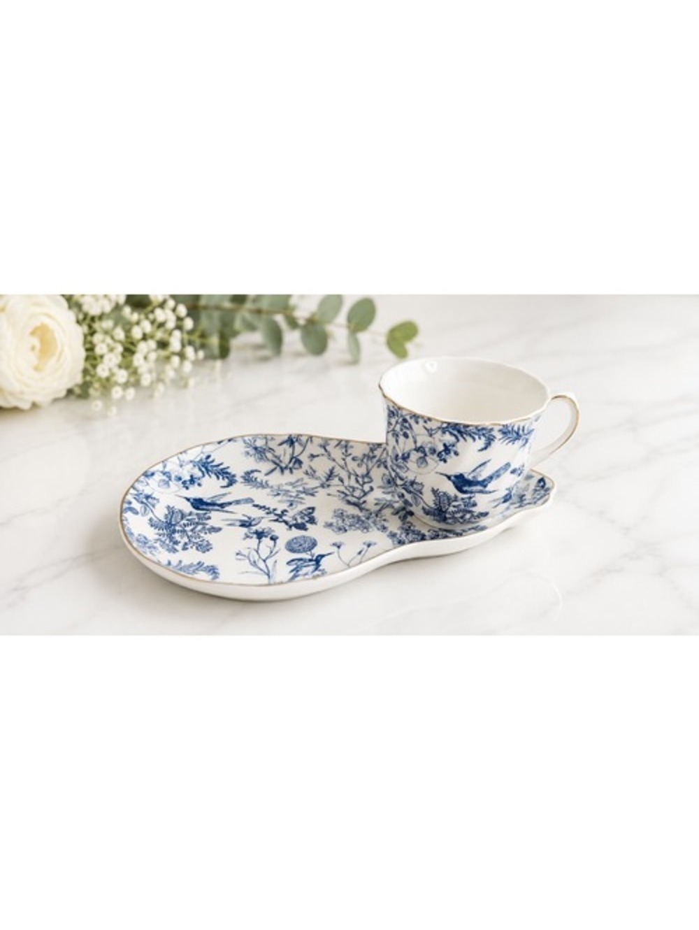 Grace Teaware Blue Hummingbird Porcelain Tea Cup and Snack Plate Set Gold Trim